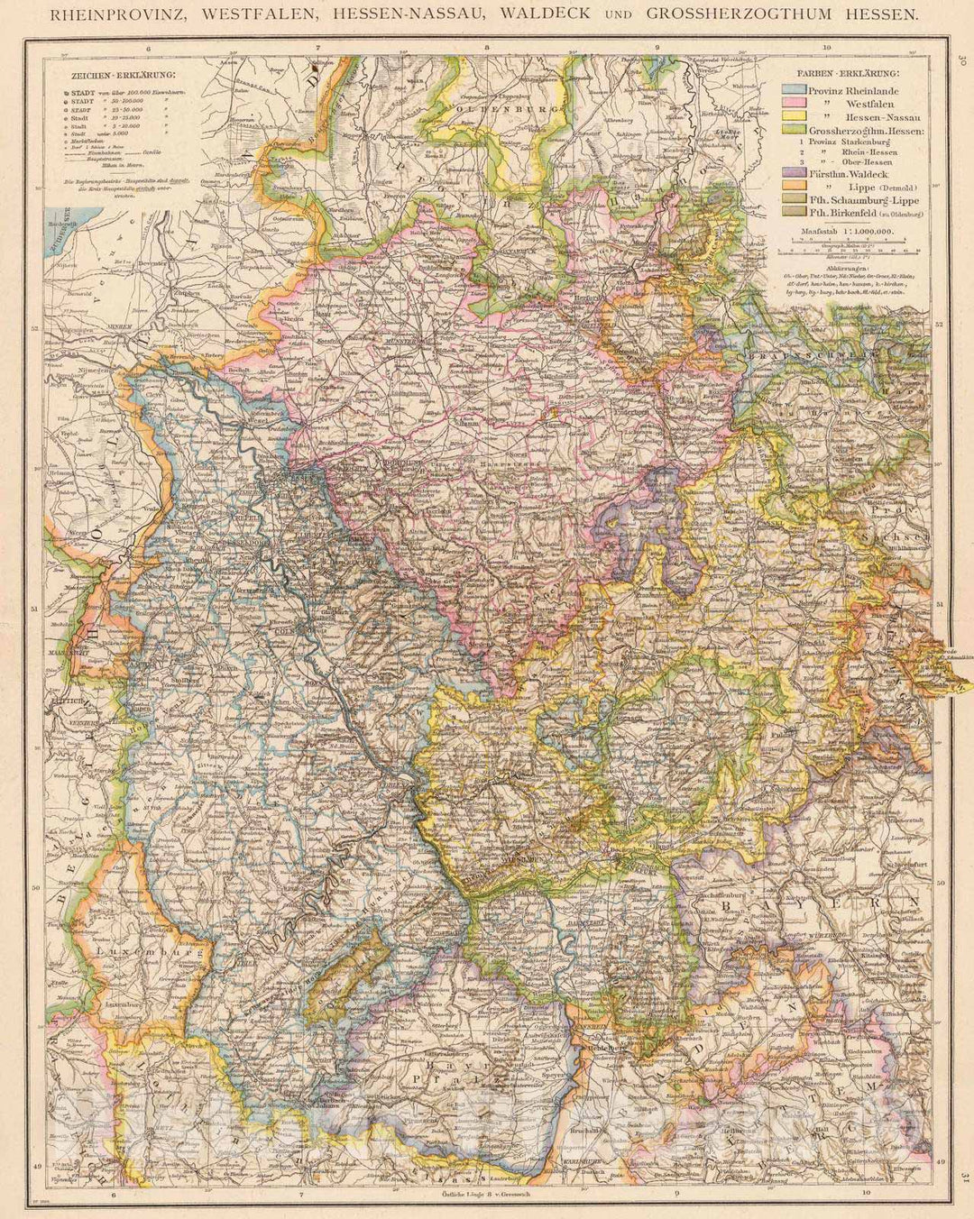 Historic Map : Germany, 1881 Rheinprovinz, Westfalen, Hessen-Nassau, Waldeck, Grossherzogthum Hessen. , Vintage Wall Art