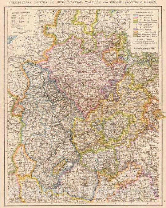 Historic Map : Germany, 1881 Rheinprovinz, Westfalen, Hessen-Nassau, Waldeck, Grossherzogthum Hessen. , Vintage Wall Art