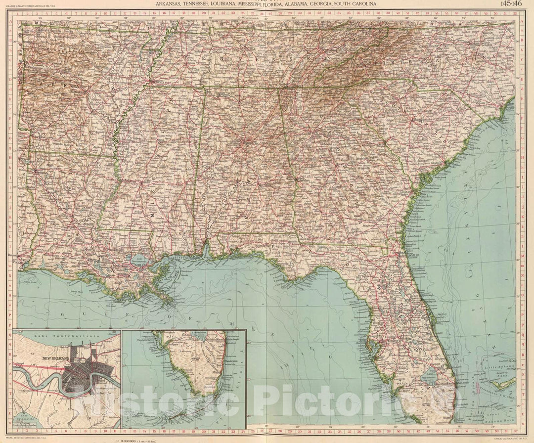 Historic Map : Arkansas, New Orleans Region (La.) 1929 145-46. Ark, Tenn, La, Miss, FLA, Ala, Ga, S.C. , Vintage Wall Art