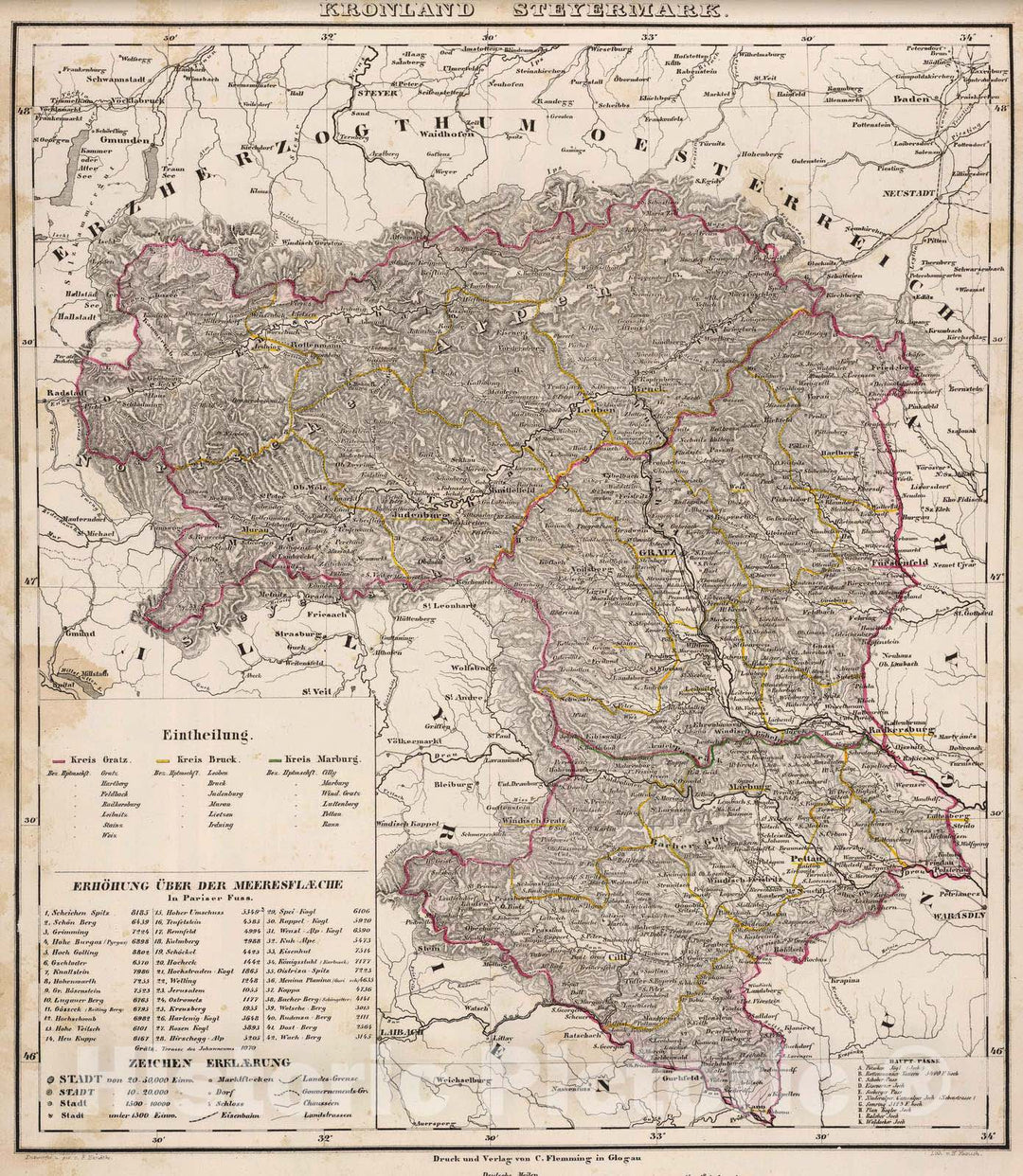 Historic Map : Austria; Slovenia, 1855 Steyermark. , Vintage Wall Art