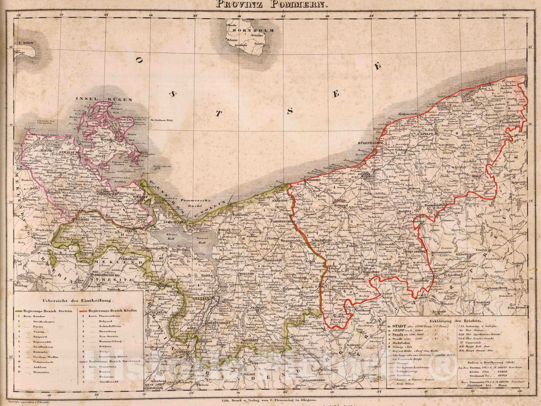 Historic Map : Germany; Poland, 1855 Pommern. , Vintage Wall Art