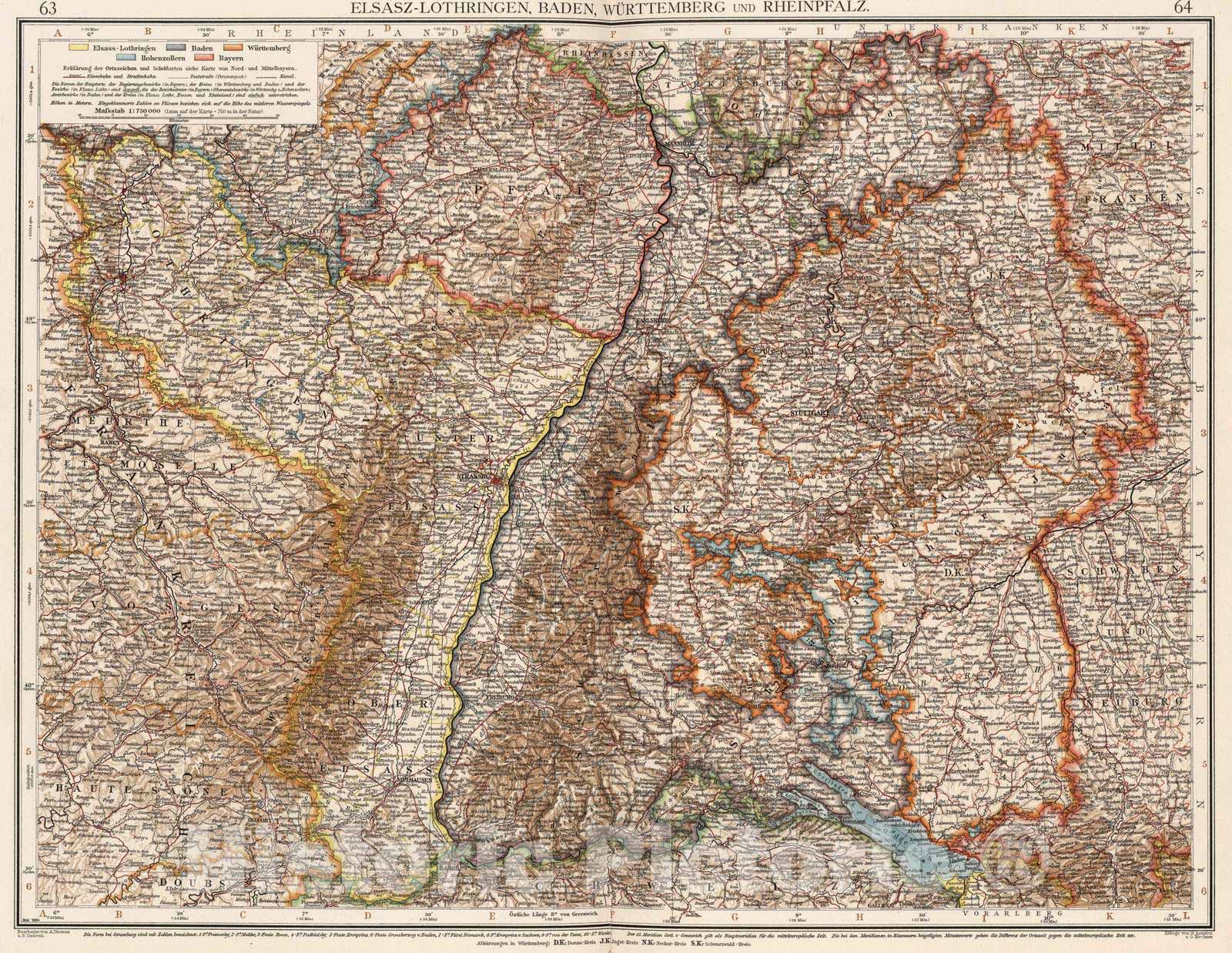 Historic Map : Germany, 1905 Elsasz-Lothringen, Baden, Wurttemberg und Rheinpfalz , Vintage Wall Art