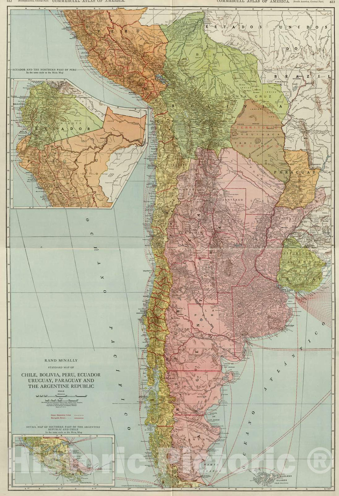 Historic Map - National Atlas - 1924 Composite: Chile, Bolivia, Peru, Ecuador, Uruguay, Paraguay, Argentine Republic. - Vintage Wall Art