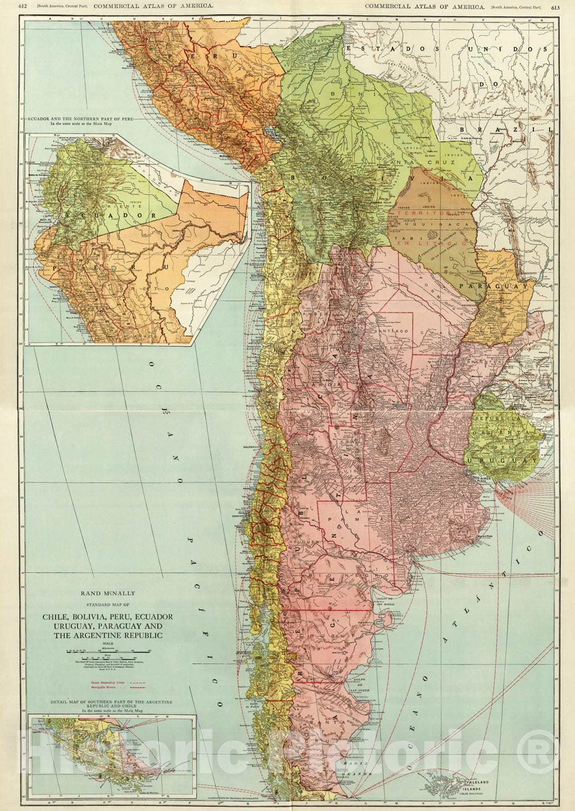 Historic Map - National Atlas - 1924 Composite: Chile, Bolivia, Peru, Ecuador, Uruguay, Paraguay, Argentine Republic. - Vintage Wall Art