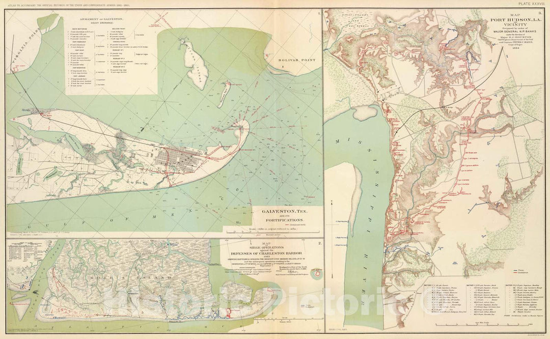 Historic Map : Military Atlas - 1895 Galveston, Charleston Harbor, Port Hudson. - Vintage Wall Art