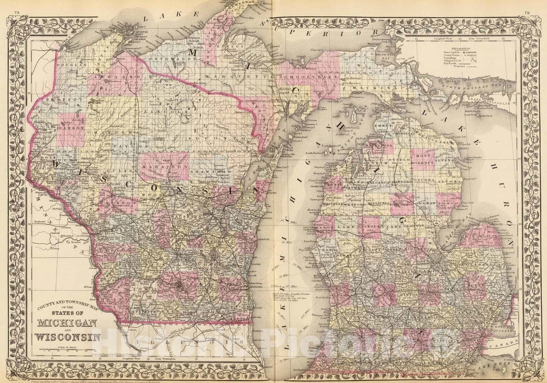 Historic Map : 1880 Michigan, Wisconsin. - Vintage Wall Art