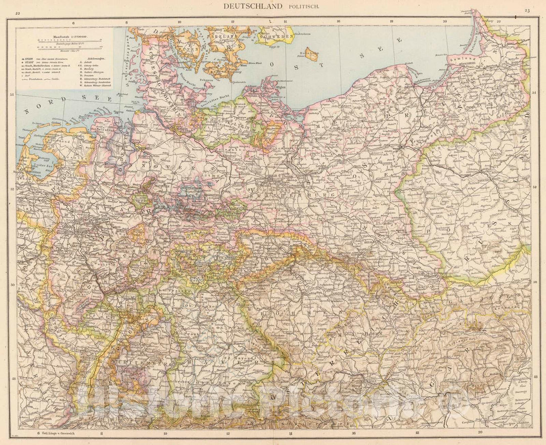 Historic Map : Germany; Poland, Europe, Central 1881 Deutschland politisch. , Vintage Wall Art