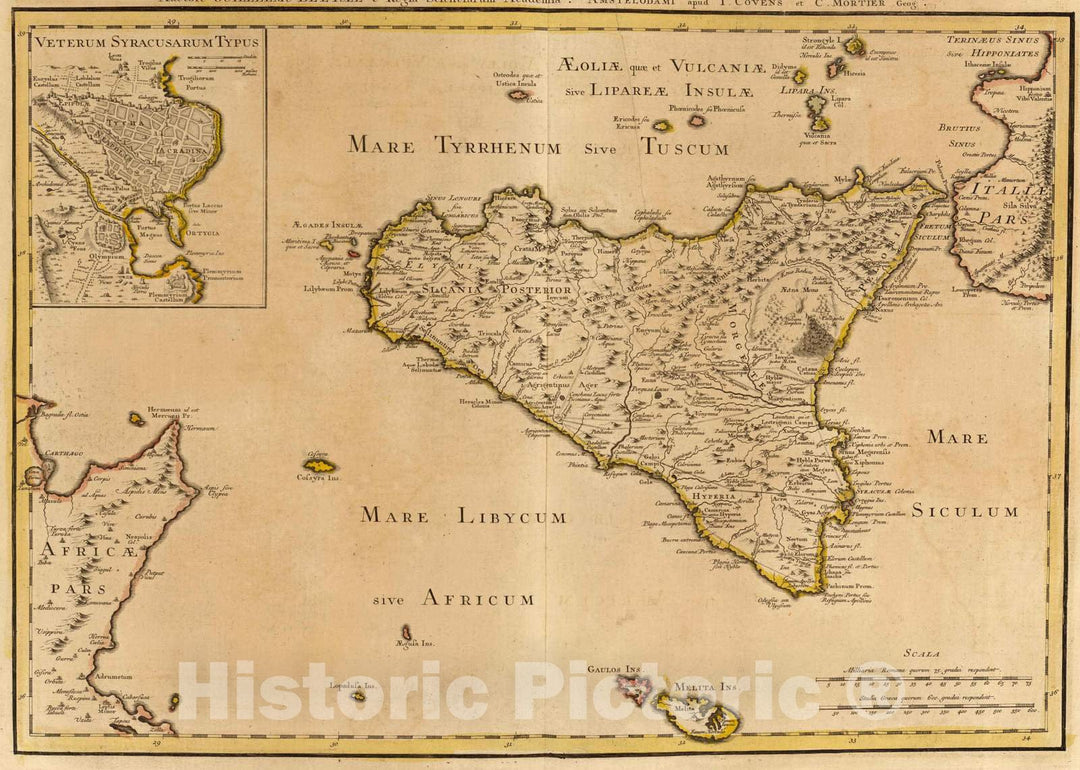 Historic Map : Italy; Malta , Syracuse (Italy), 1742 Siciliae Antiquae quae et Sicania et Trinacria Dicta Tabula geographica. , Vintage Wall Art