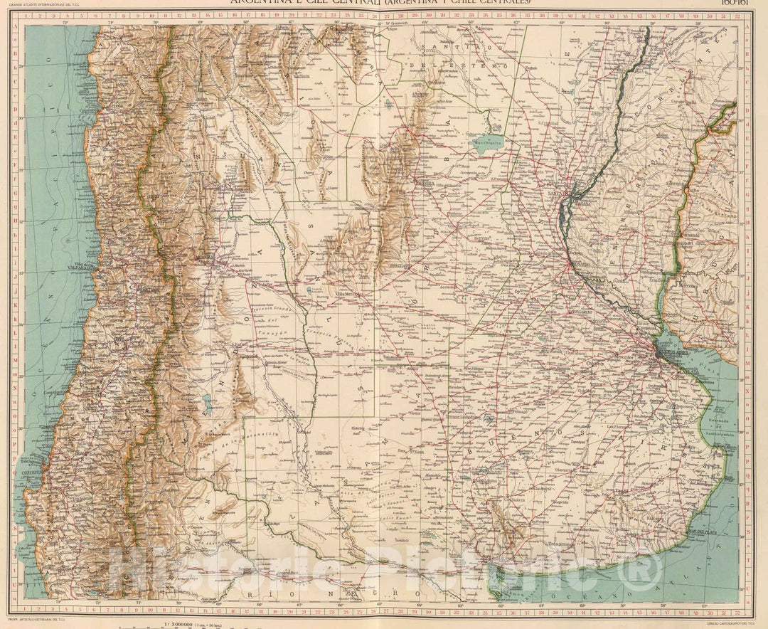 Historic Map : Argentina; Chile, 1929 160-61. Argentina e Cile Centrali. , Vintage Wall Art