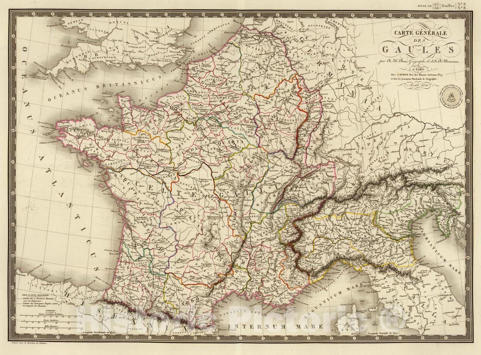 Historic Map : France; Italy, 1821 Carte generale des Gaules. , Vintage Wall Art