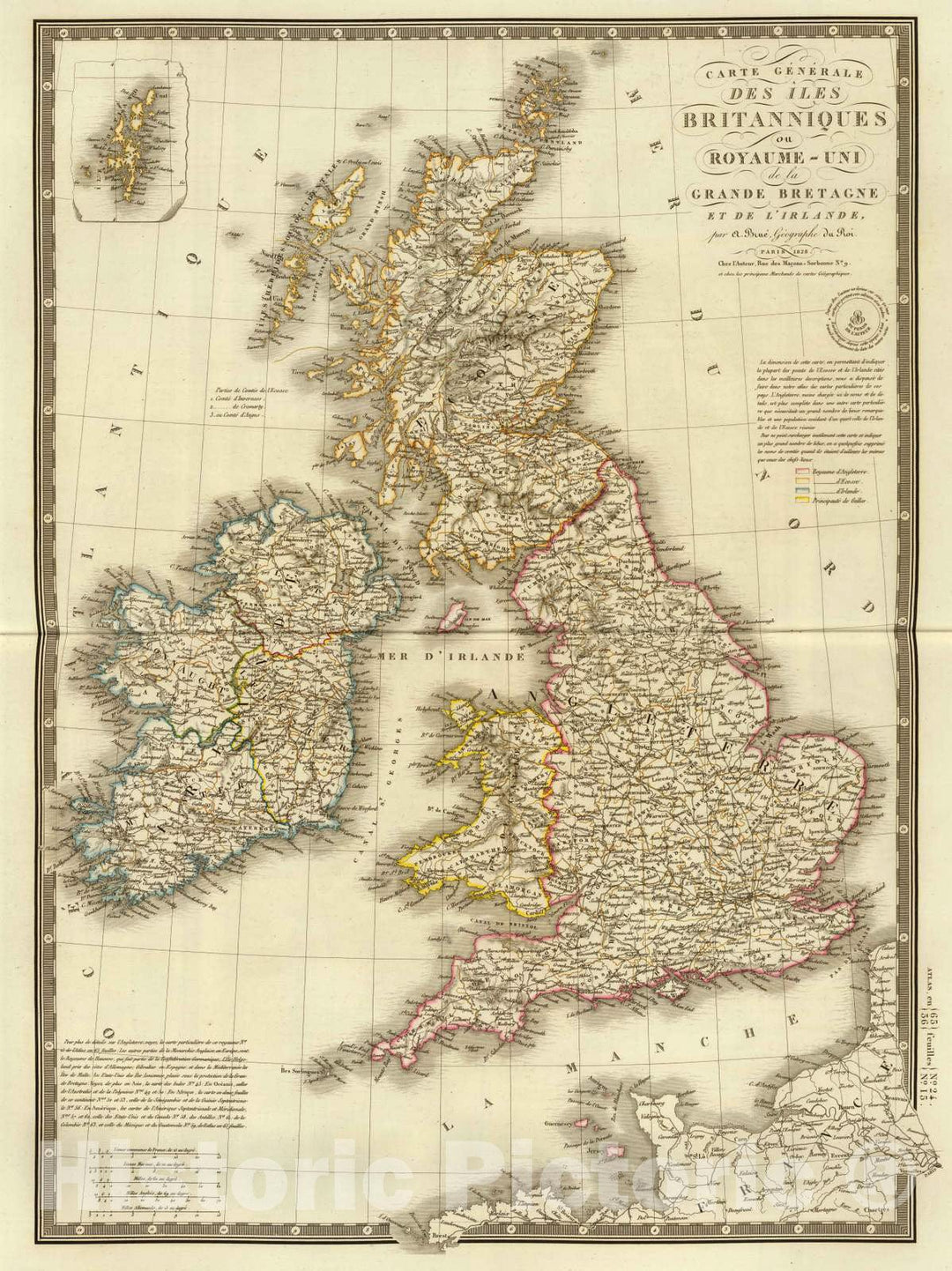 Historic Wall Map : England; Ireland, British Isles 1828 Iles Britanniques. , Vintage Wall Art