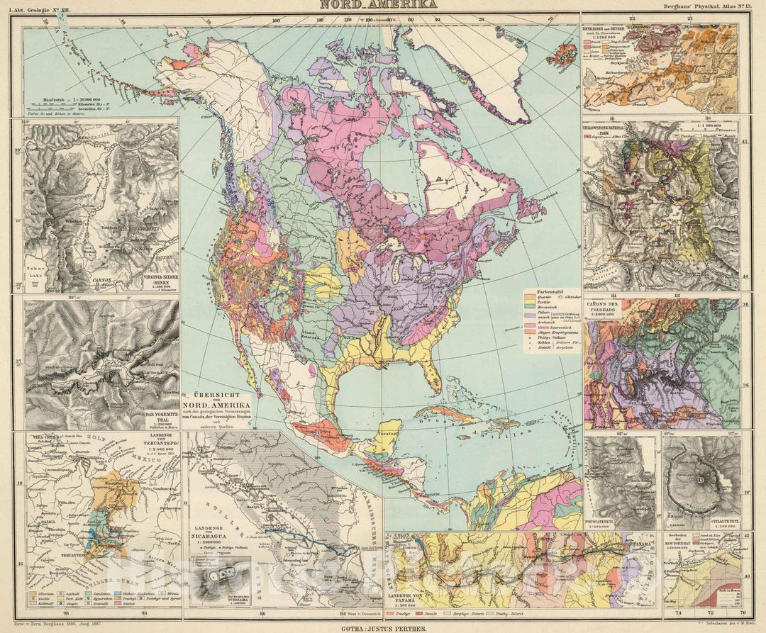 Historic Wall Map : Iceland; Mexico, Arizona, Yellowstone National Park, Central America; North America 1892 Nord-Amerika. , Vintage Wall Art