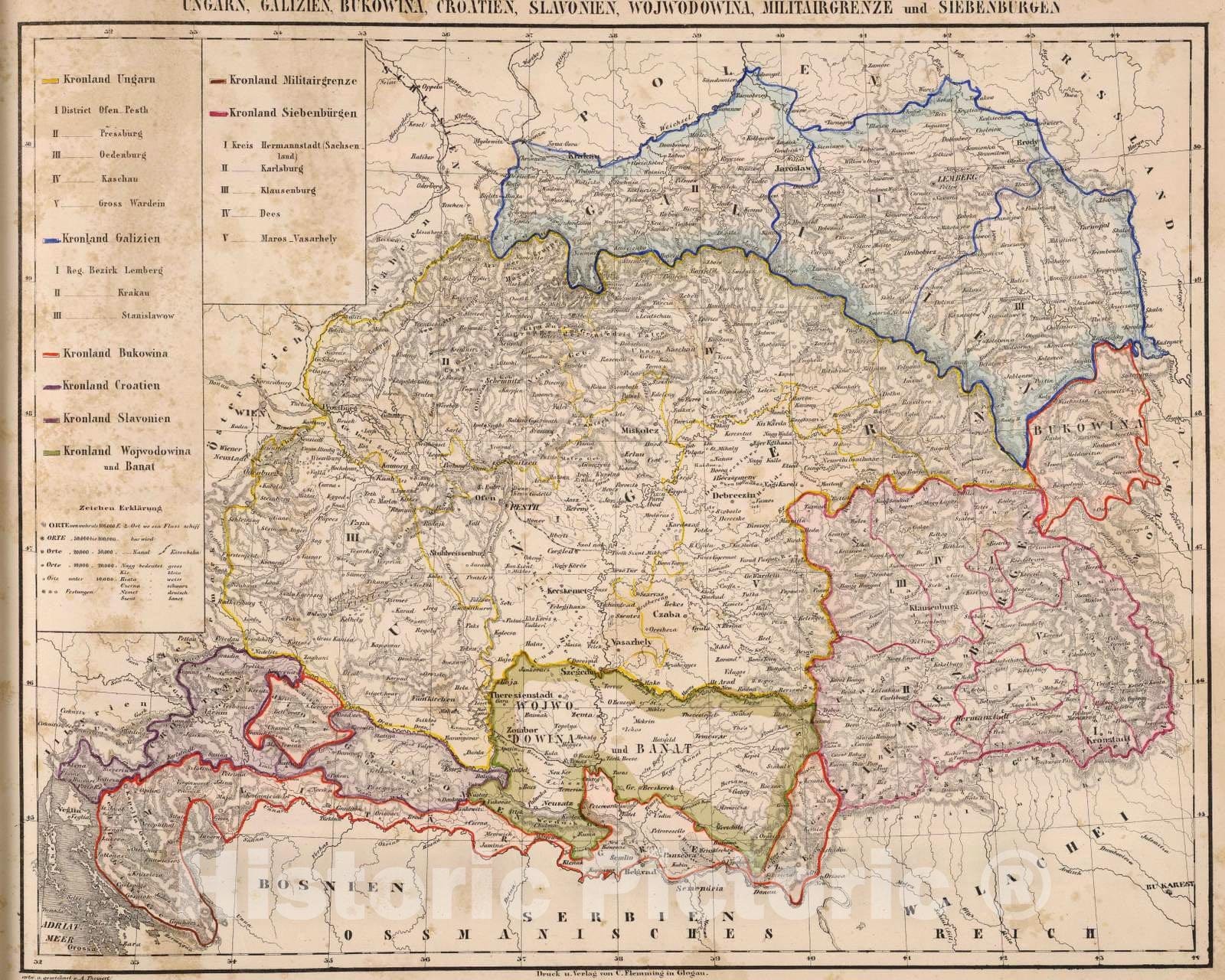 Historic Map : Hungary; Slovakia, Balkan Peninsula 1855 Ungarn, Galizien, Bukowina, Croatien, Slavonien, Wojwodowina, Militairgrenze, Siebenburgen., Vintage Wall Art