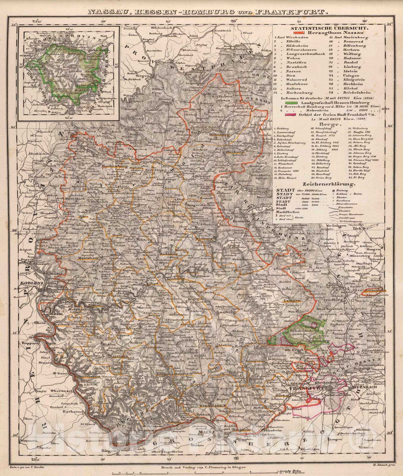 Historic Map : Germany, 1855 Nassau, Hessen-Homburg, Frankfurt. , Vintage Wall Art