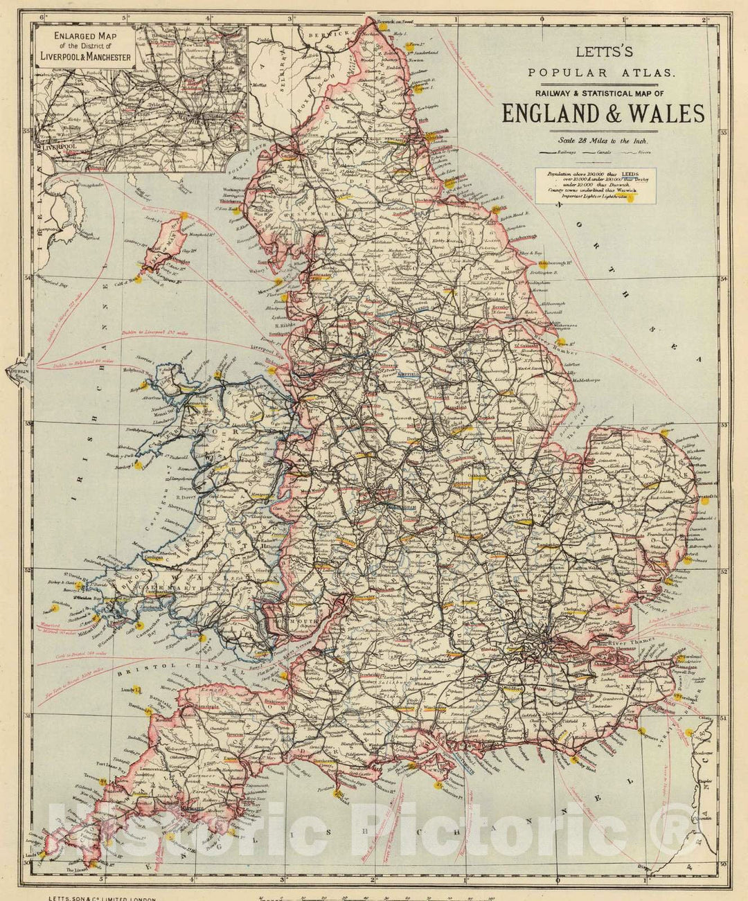 Historic Map : 1883 Railway, Statistical England, Wales. - Vintage Wall Art