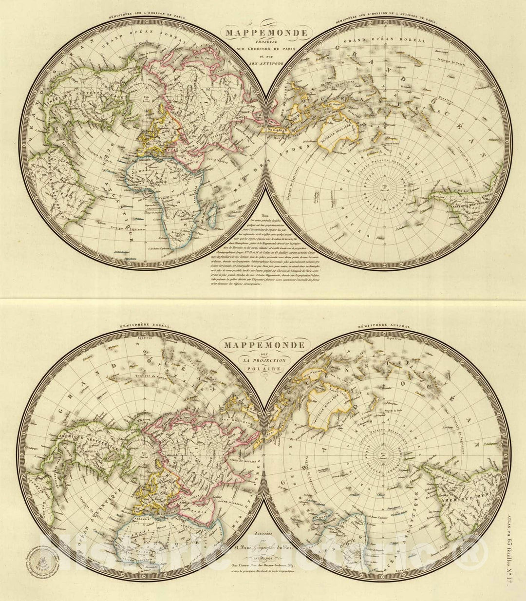 Historic Map : 1828 Mappemonde, sur l'horizon de Paris; Mappemonde sur la Projection Polaire. - Vintage Wall Art