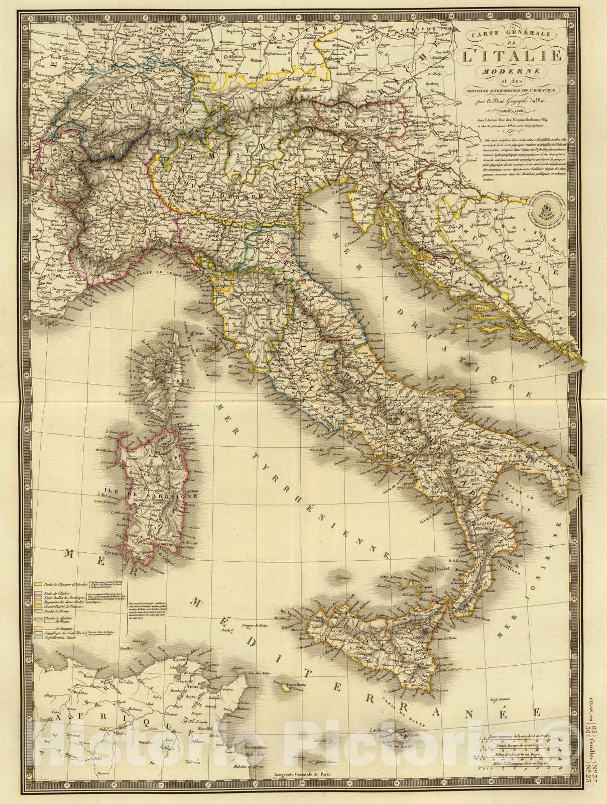 Historic Map : Italy; Slovenia, 1828 Italie Moderne. , Vintage Wall Art