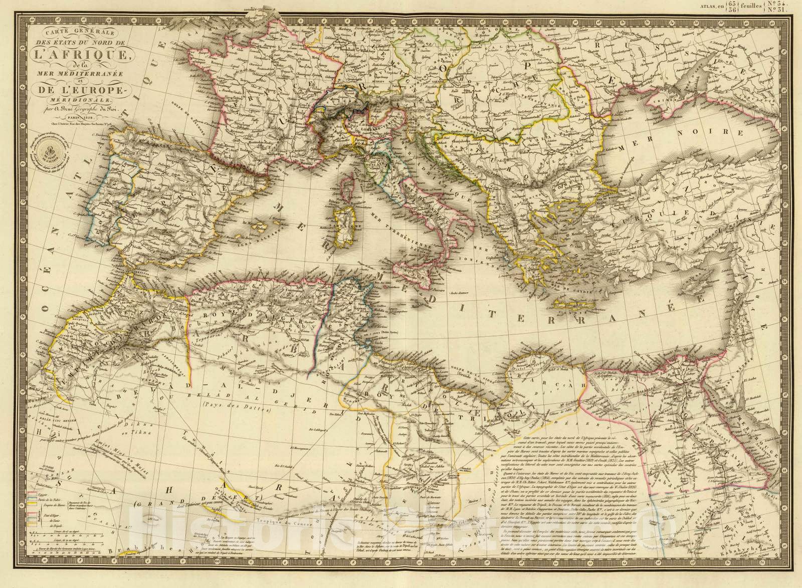 Historic Map : Mediterranean Region, Eastern Hemisphere 1828 Nord de l'Afrique, Mer Mediterranee, Europe Meridionale. , Vintage Wall Art