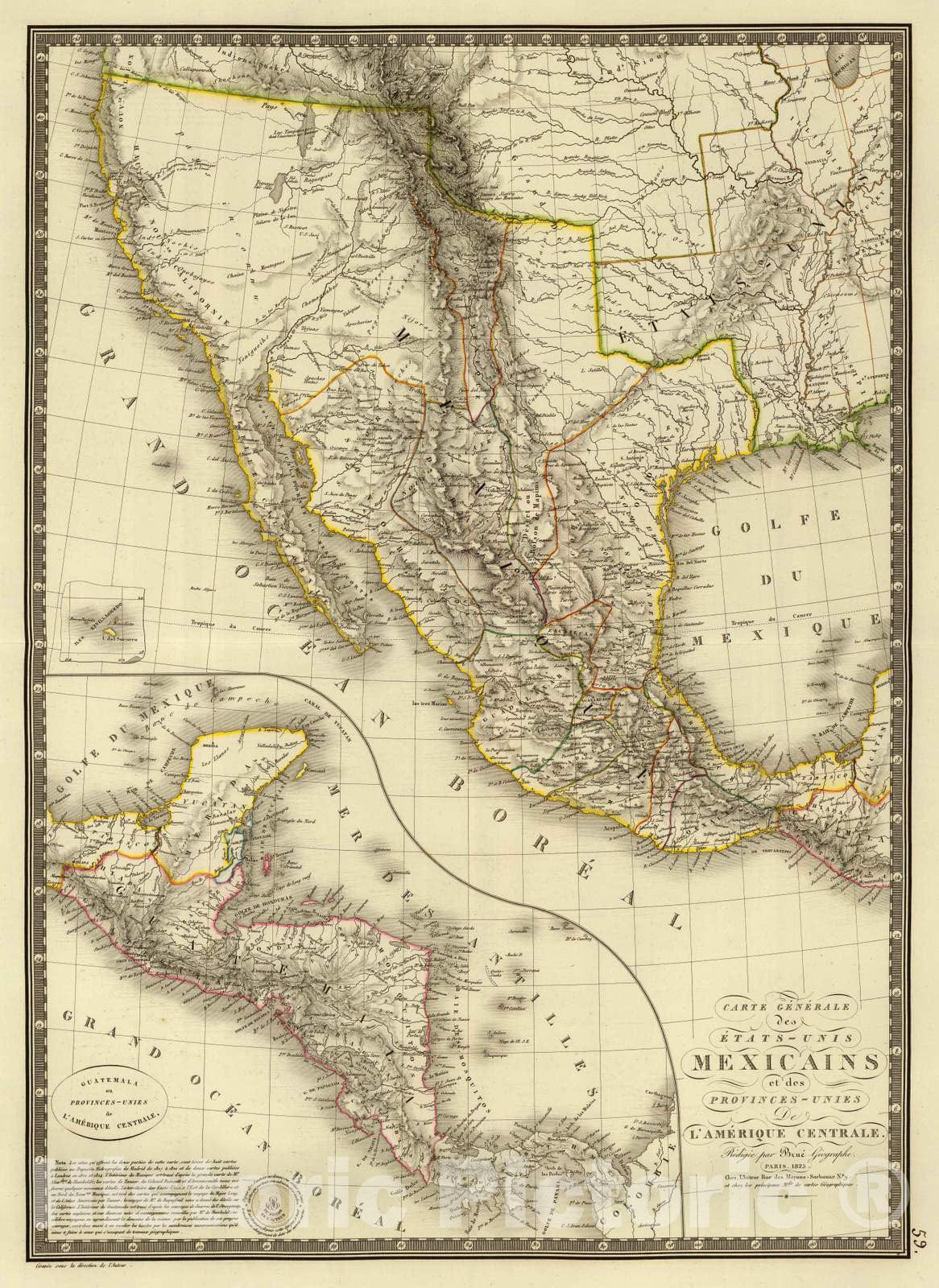 Historic Wall Map : Mexico; United States, , Central America; North America 1825 Etats-UNIS Mexicains, Amerique Centrale. , Vintage Wall Art