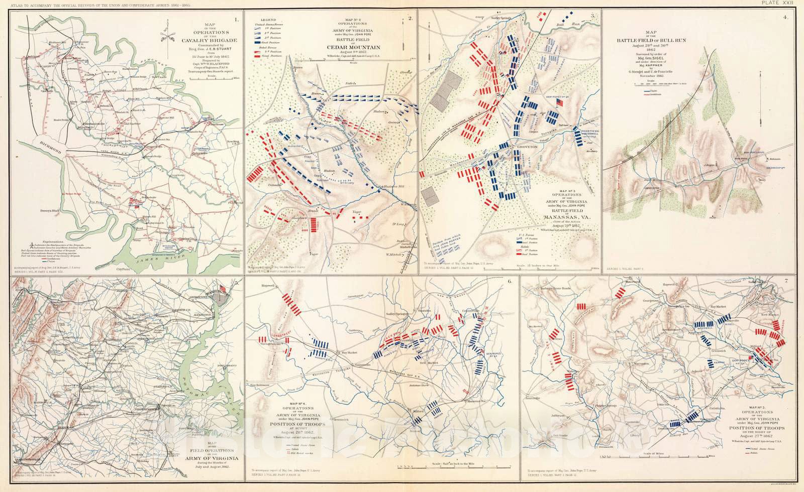 Historic Map : Military Atlas - 1895 Cav. Brigade, Cedar MTN, Manassas, Bull Run, Army of Va. - Vintage Wall Art