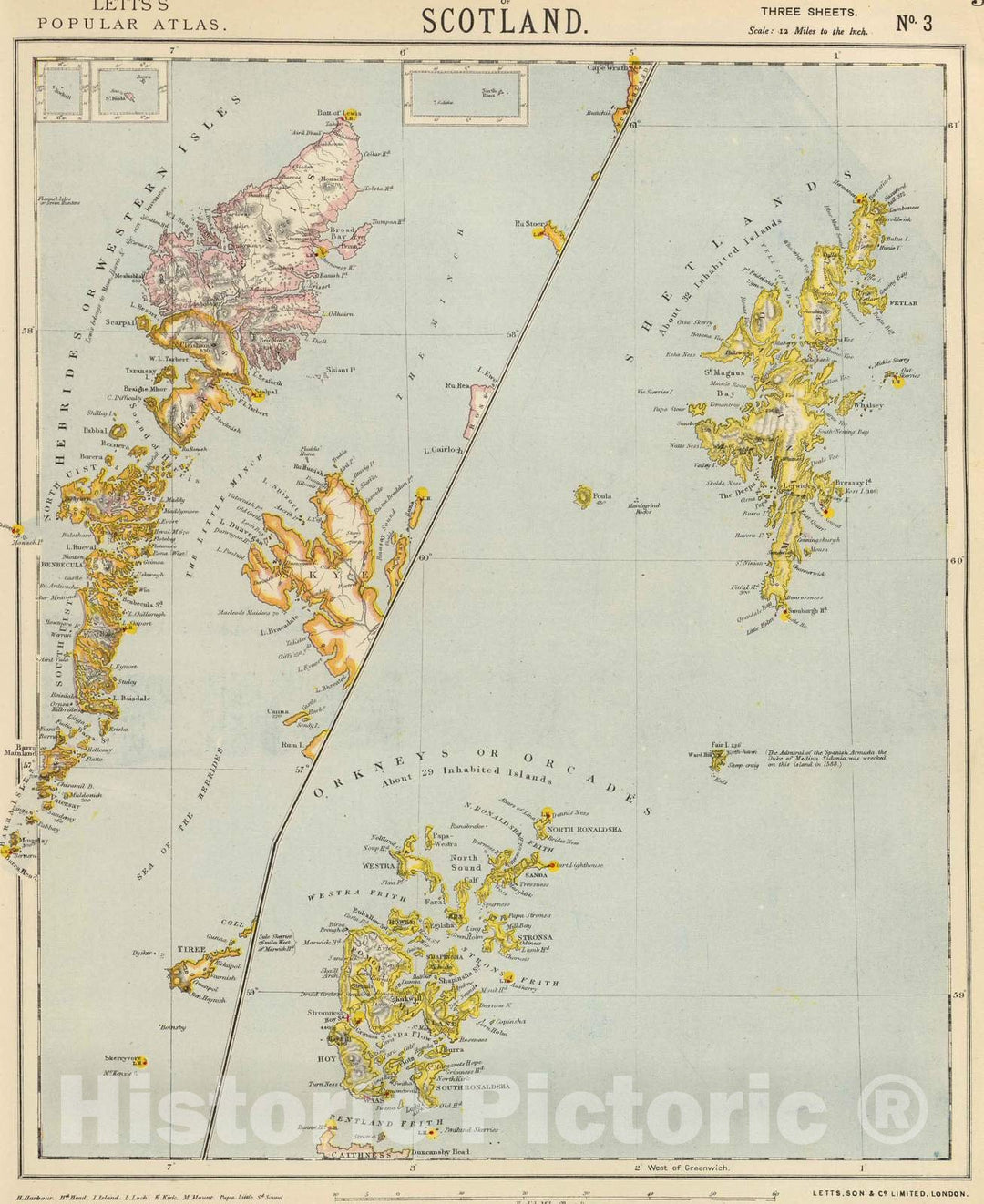 Historic Wall Map : 1883 Scotland 3. - Vintage Wall Art