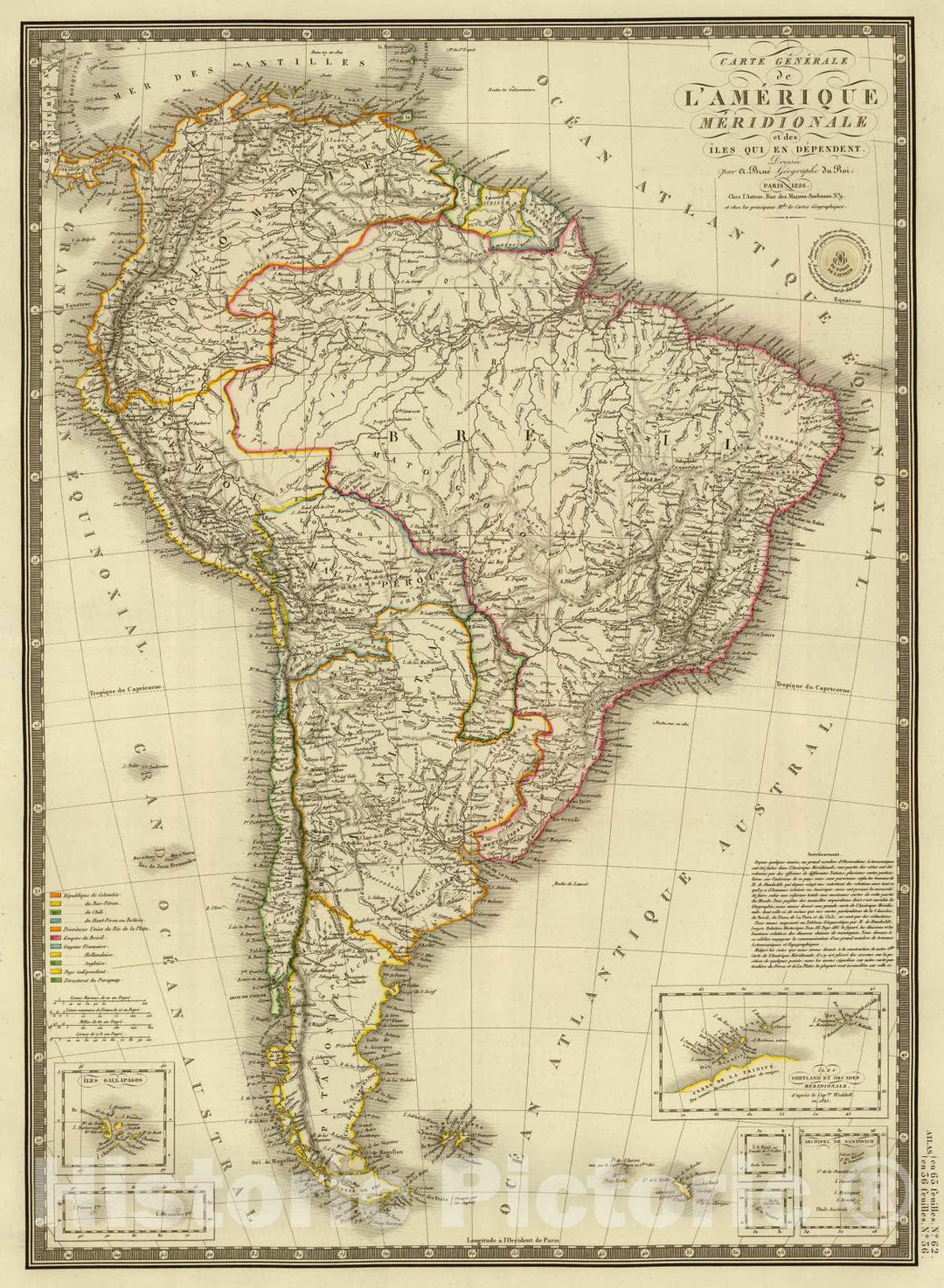 Historic Map : Galapagos Islands, South America 1826 Amerique Meridionale. , Vintage Wall Art