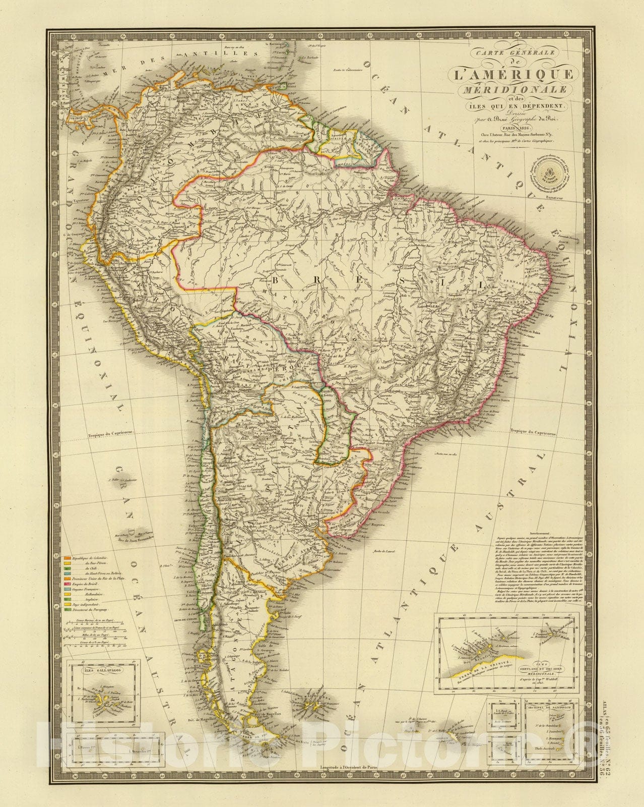 Historic Map : Galapagos Islands, South America 1826 Amerique Meridionale. , Vintage Wall Art