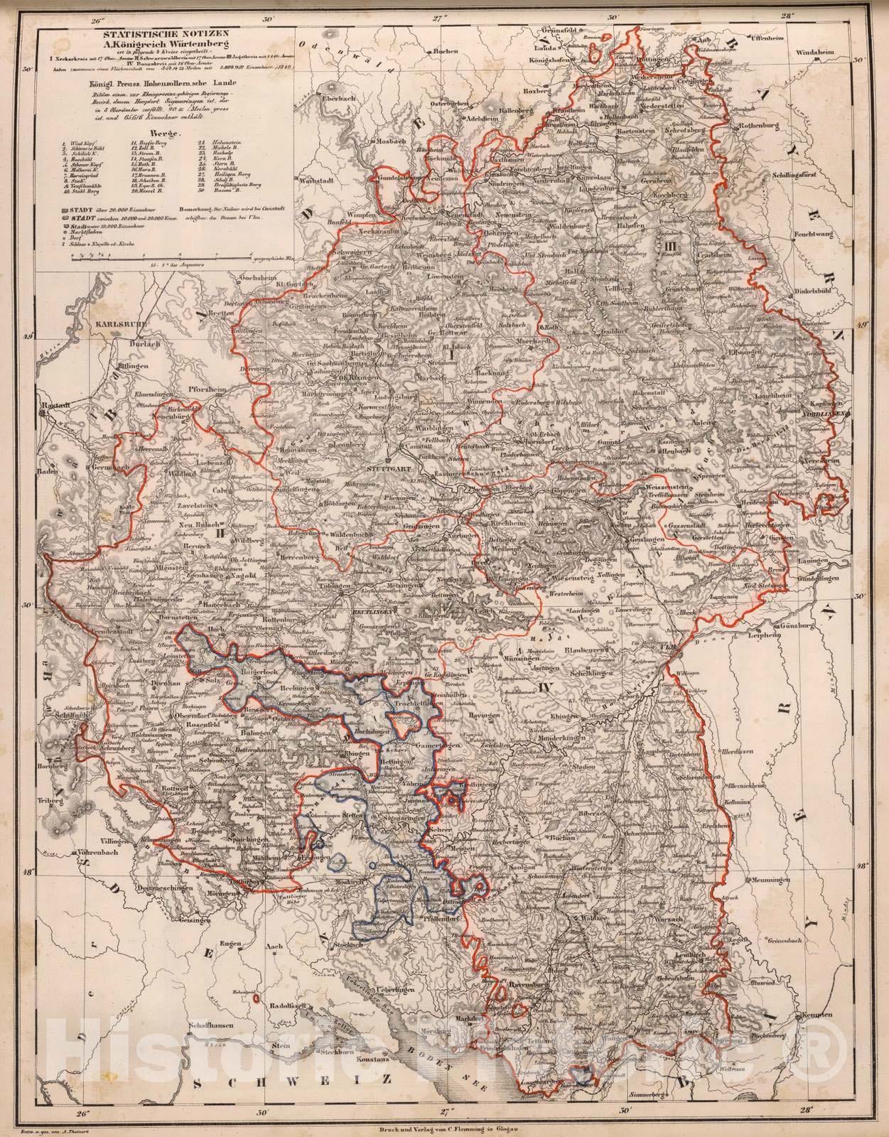 Historic Map : Germany, 1855 Wurtemberg. , Vintage Wall Art