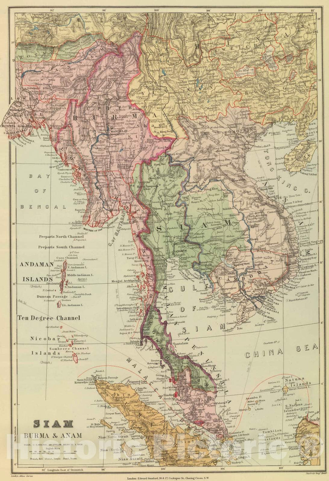 Historic Map : Burma; Thailand, Southeast Asia 1901 Siam, Burma & ANAM. , Vintage Wall Art