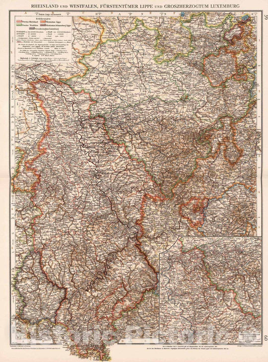 Historic Map : Germany, Rhine River Valley 1905 Rheinland und Westfalen, Furstentumer Lippe und Groszherzogtum Luxemburg , Vintage Wall Art