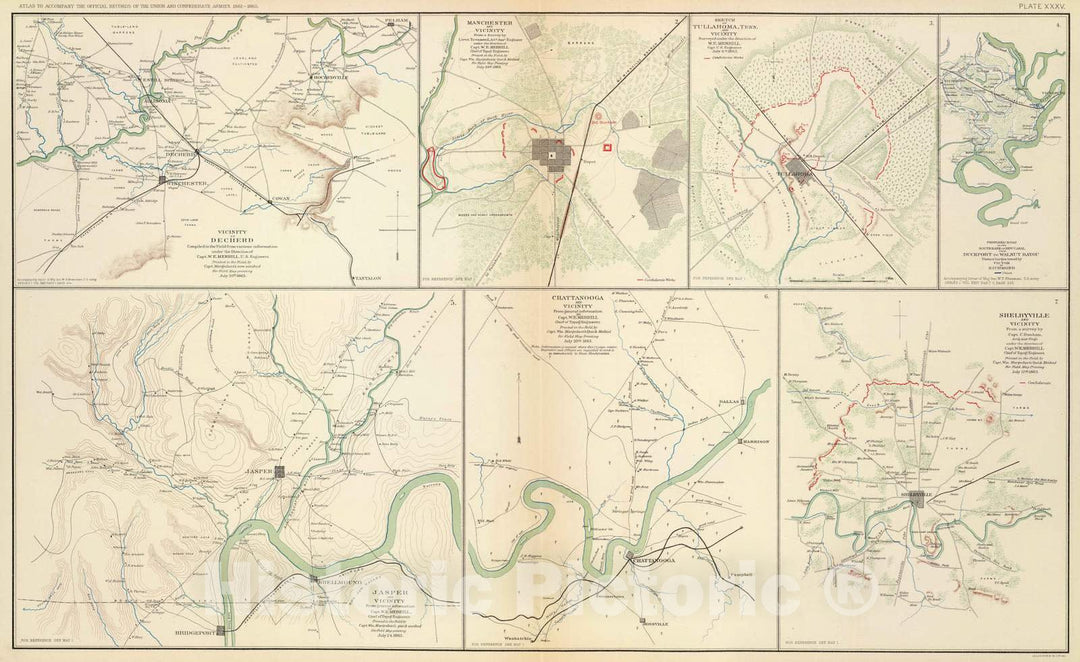 Historic Map : Military Atlas - 1895 Decherd, Manchester, Tullahoma, Jasper, Chattanooga, Shelbyville. - Vintage Wall Art