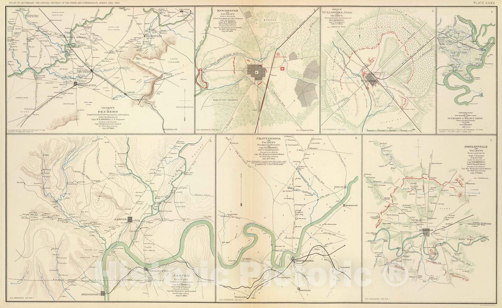 Historic Map : Military Atlas - 1895 Decherd, Manchester, Tullahoma, Jasper, Chattanooga, Shelbyville. - Vintage Wall Art