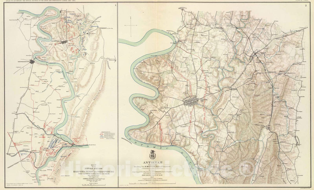 Historic Map : Military Atlas - 1895 Antietam, Harper's Ferry, Sharpsburg. - Vintage Wall Art