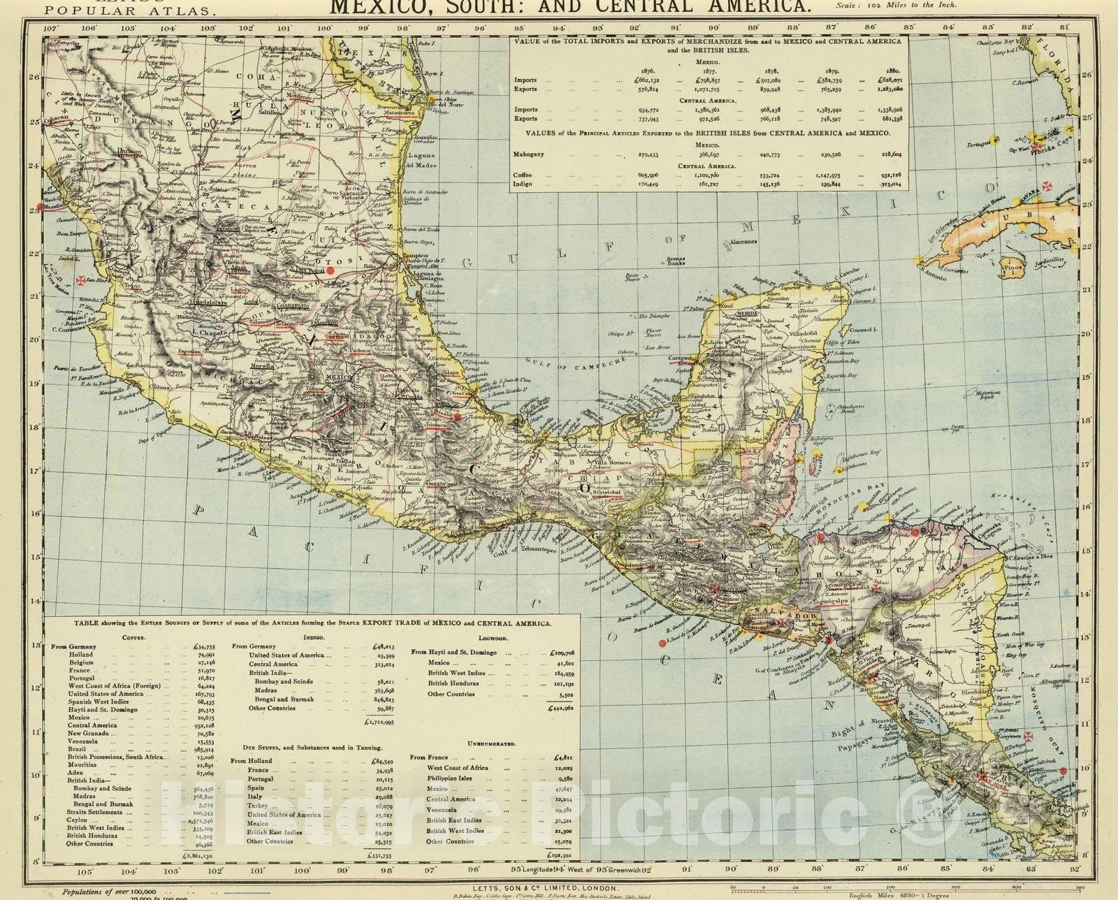 Historic Wall Map : 1883 Mexico South, Central America. - Vintage Wall Art