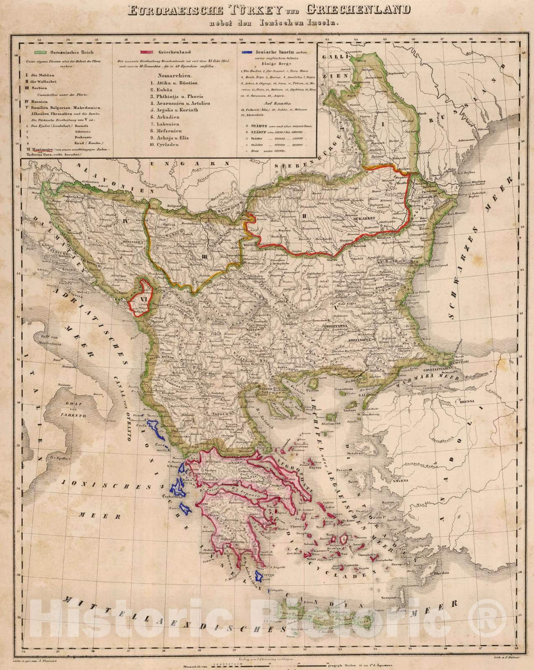 Historic Map : Greece; Turkey, Balkan Peninsula 1855 Europaeische Turkey, Griechenland. , Vintage Wall Art