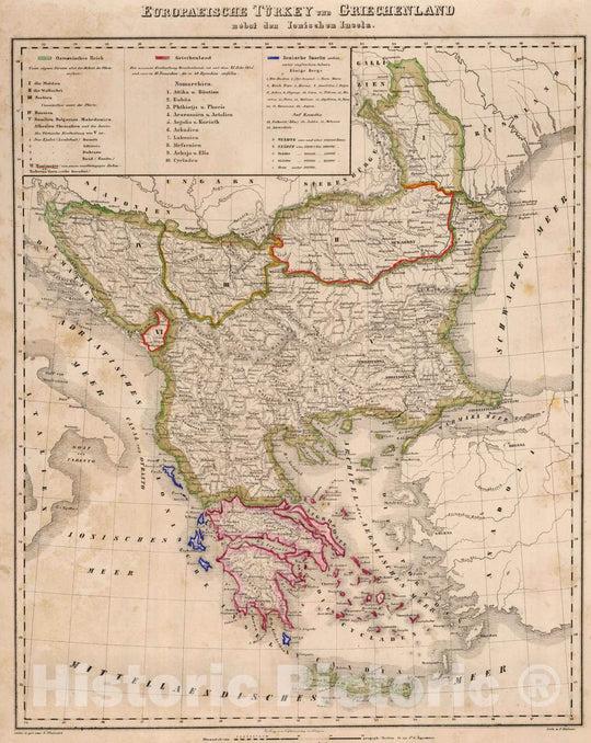 Historic Map : Greece; Turkey, Balkan Peninsula 1855 Europaeische Turkey, Griechenland. , Vintage Wall Art