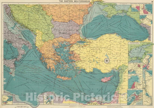 Historic Map : Black Sea, Eastern Hemisphere; Europe 1922 E. Mediterranean. , Vintage Wall Art