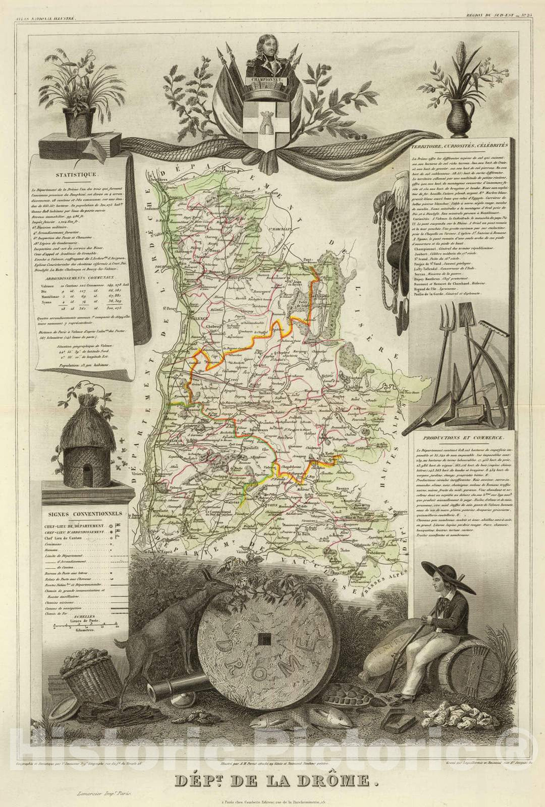 Historic Map : France, 1856 Dept. De La Drome. , Vintage Wall Art