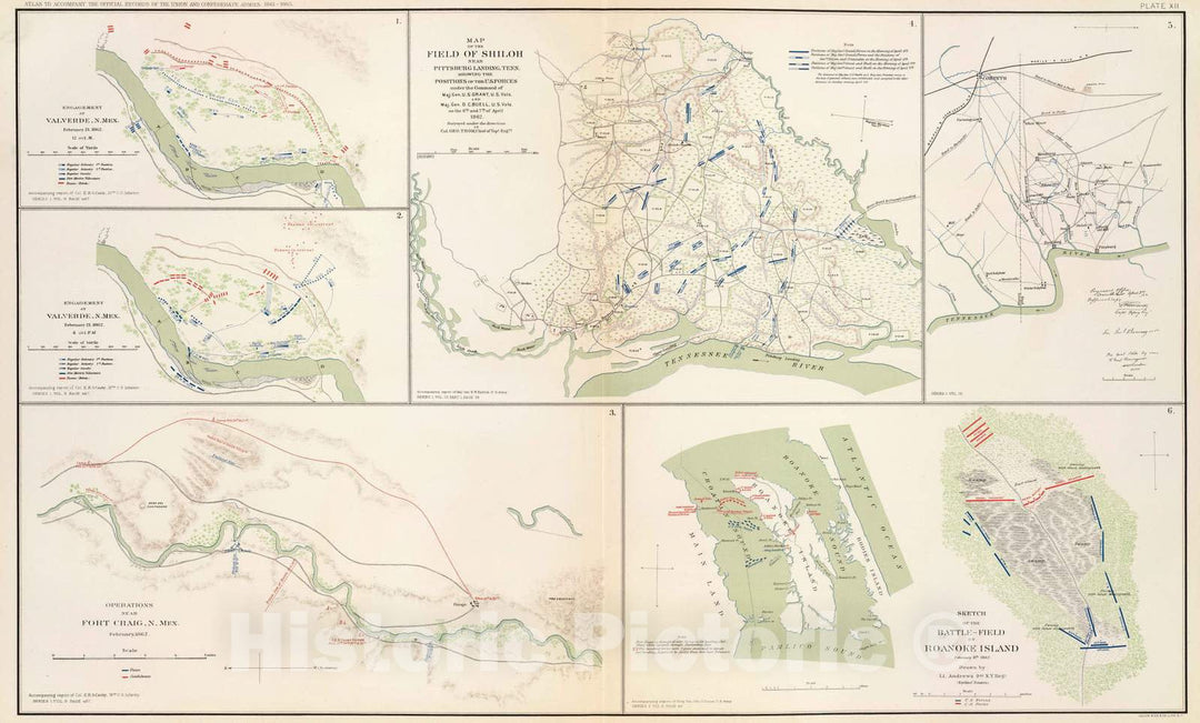 Historic Map : Military Atlas - 1895 Valverde, Shiloh, Ft. Craig, Roanoke Island. - Vintage Wall Art