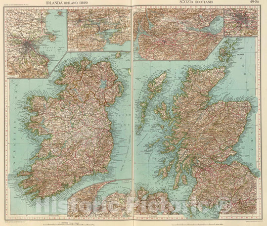 Historic Wall Map : Ireland; Scotland, Dublin Region (Ireland) 1929 49-50. Irlandia, Scozia. , Vintage Wall Art