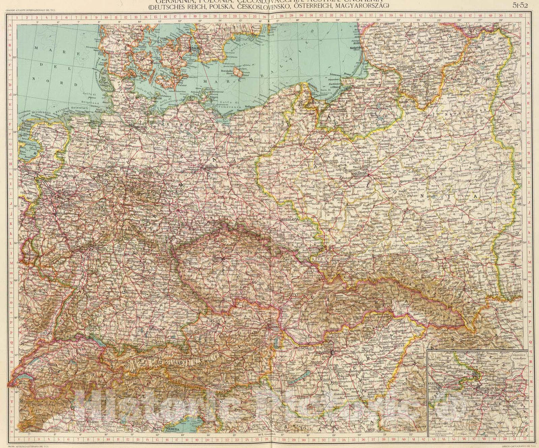 Historic Map : Germany; Poland, Europe, Central 1929 51-52. Germania, Polonia, Cecoslovacchia, Austria, Ungheria. , Vintage Wall Art