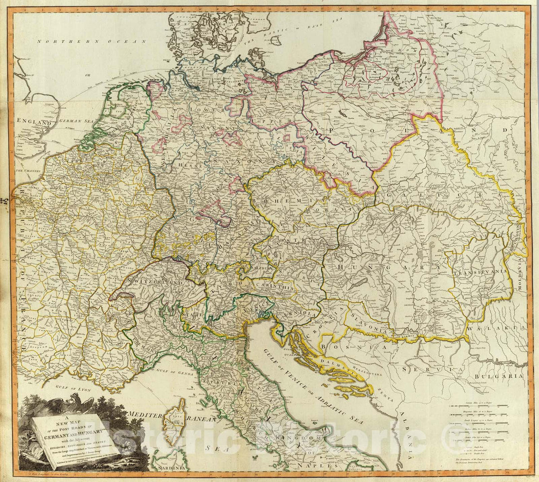 Historic Map : 1802 Post Roads Germany, Hungary. - Vintage Wall Art