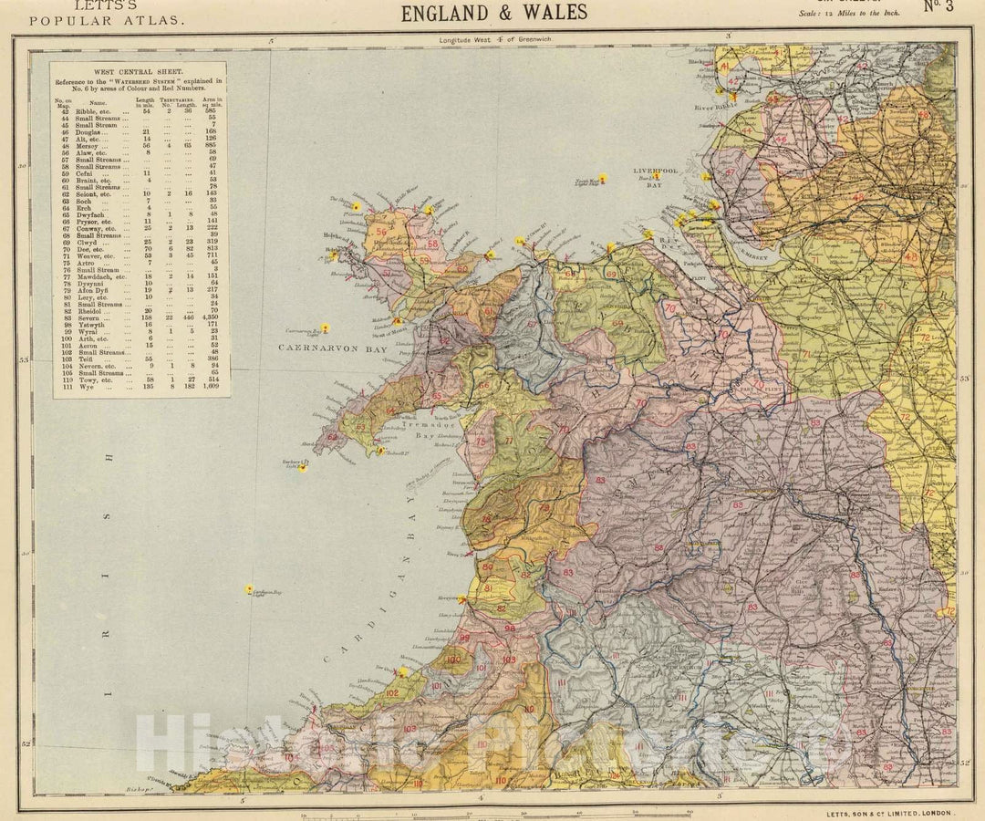 Historic Map : 1883 Watershed map England, Wales 3. - Vintage Wall Art