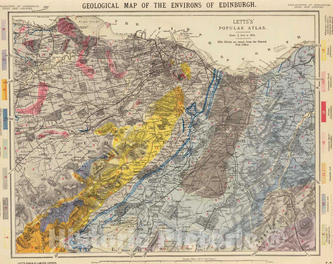 Historic Map : 1883 Geological, Environs Edinburgh. - Vintage Wall Art