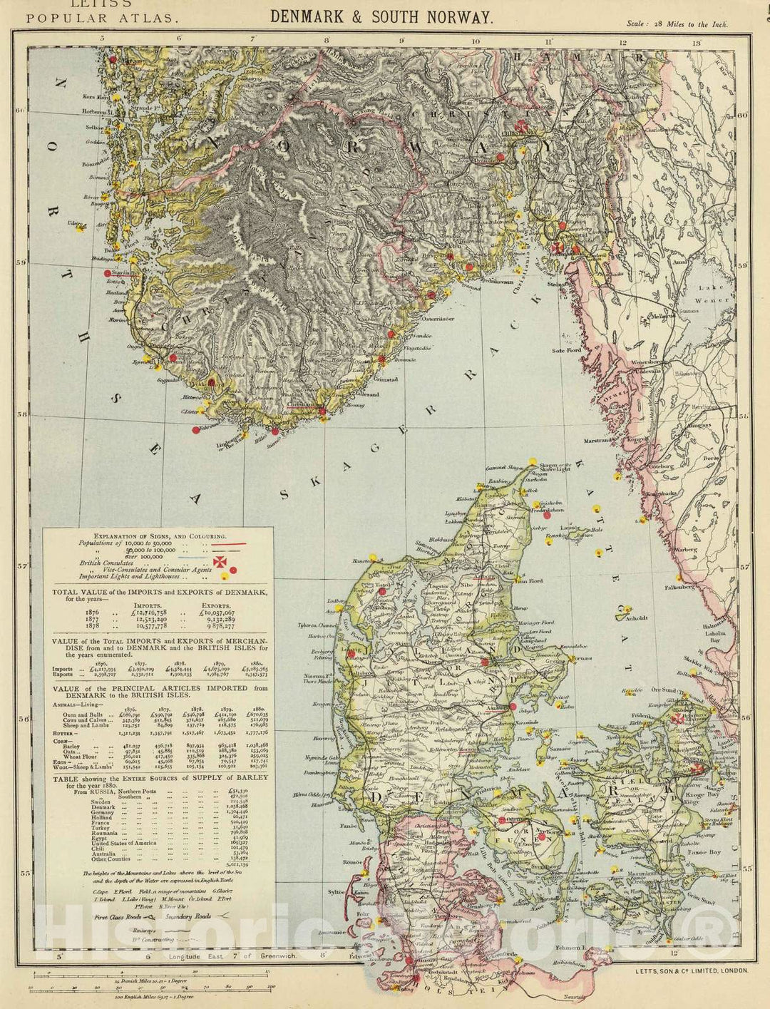 Historic Map : 1883 Denmark, S. Norway. - Vintage Wall Art