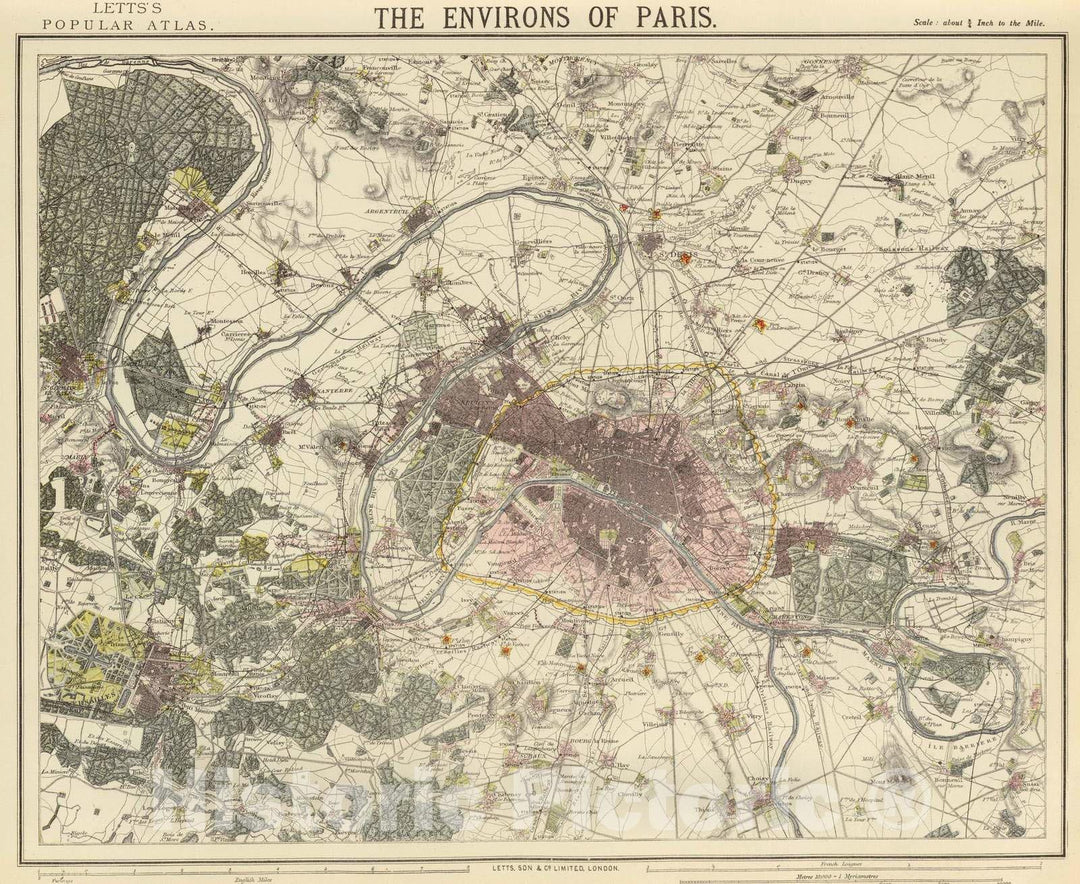 Historic Wall Map : France , Paris France, Region 1883 Environs Paris. , Vintage Wall Art