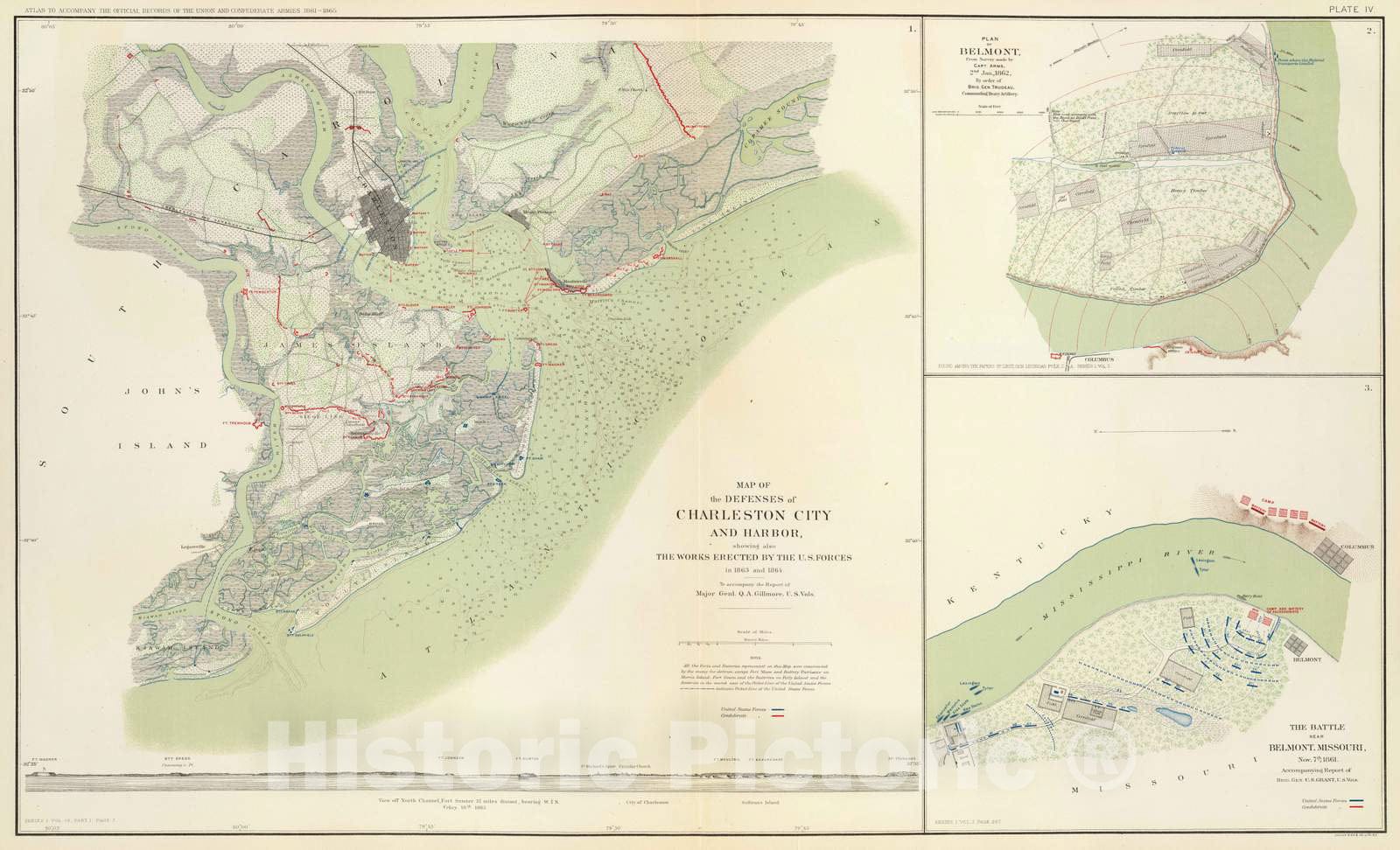 Historic Map : Military Atlas - 1895 Charleston defenses, Belmont Battlefield. - Vintage Wall Art