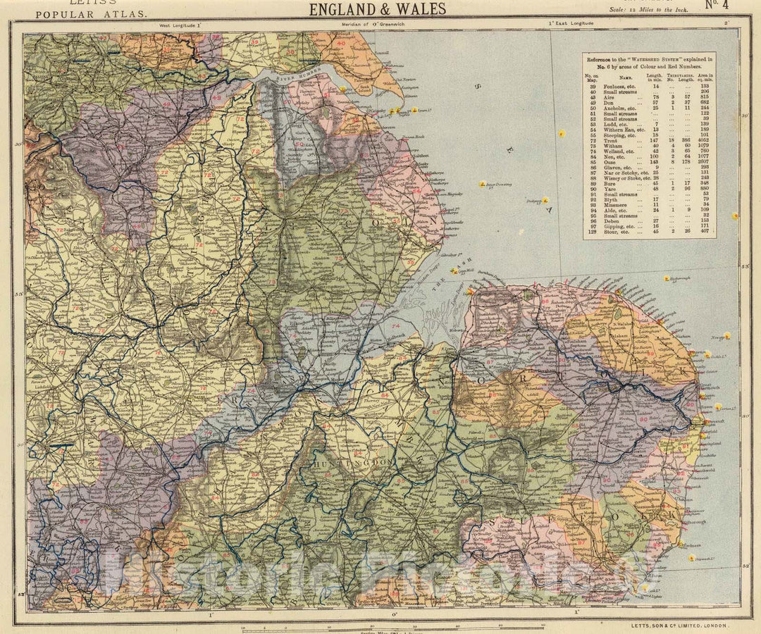 Historic Map : 1883 Watershed map England, Wales 4. - Vintage Wall Art