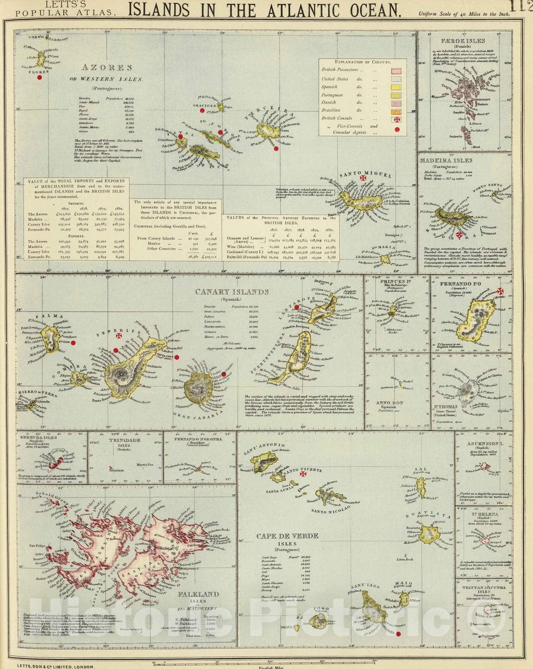 Historic Map : 1883 Islands, Atlantic Ocean. - Vintage Wall Art