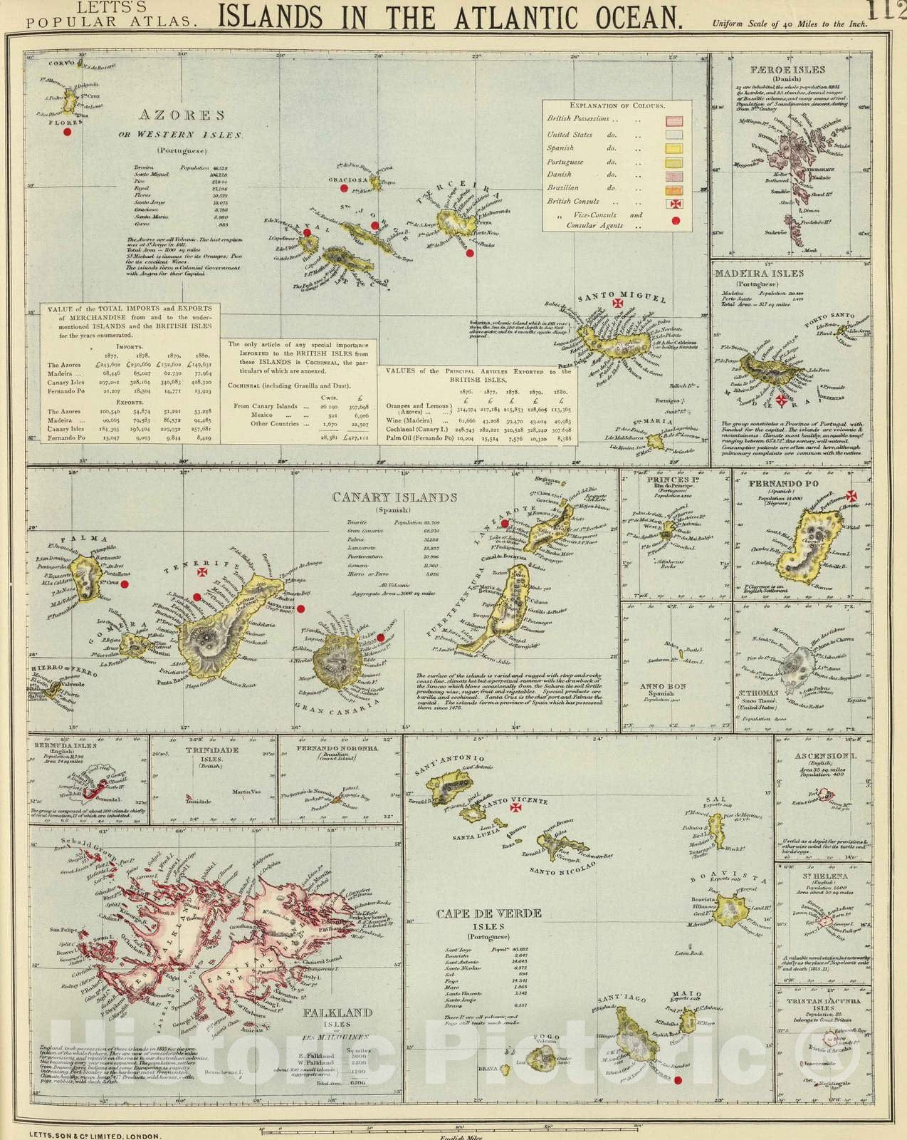 Historic Map : 1883 Islands, Atlantic Ocean. - Vintage Wall Art